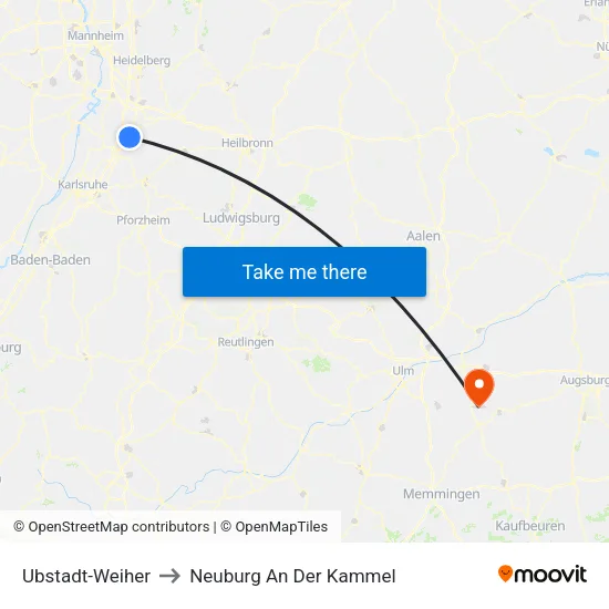 Ubstadt-Weiher to Neuburg An Der Kammel map