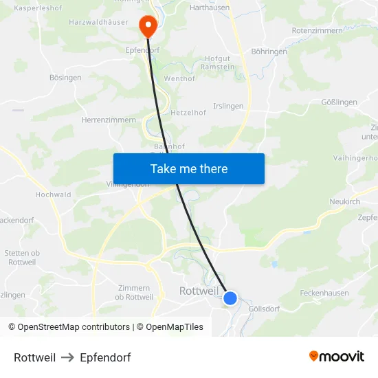 Rottweil to Epfendorf map