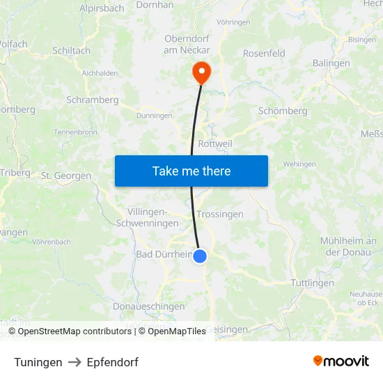 Tuningen to Epfendorf map