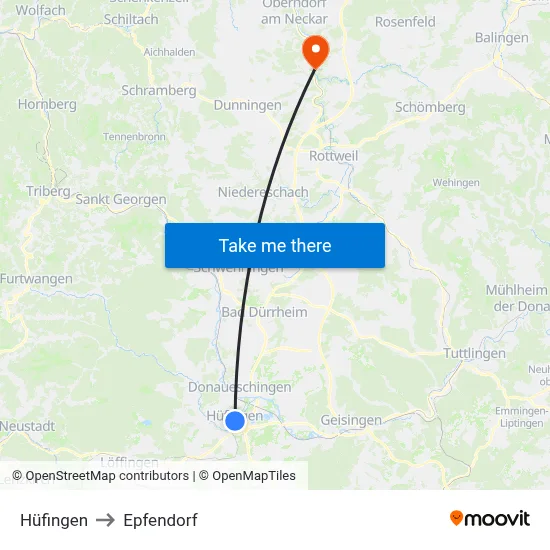 Hüfingen to Epfendorf map
