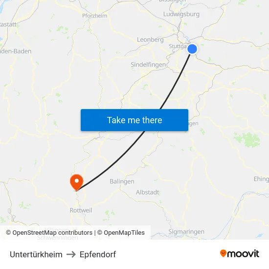 Untertürkheim to Epfendorf map