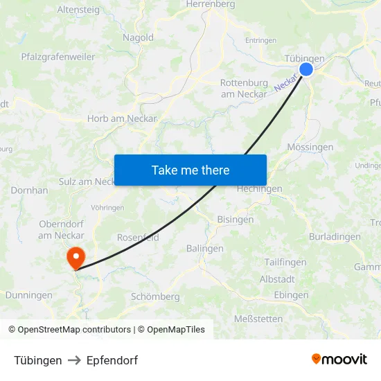 Tübingen to Epfendorf map