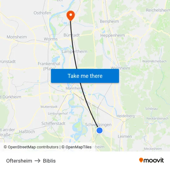 Oftersheim to Biblis map