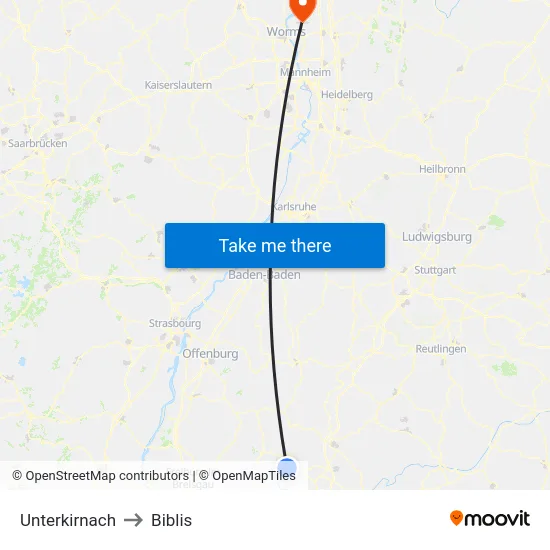 Unterkirnach to Biblis map