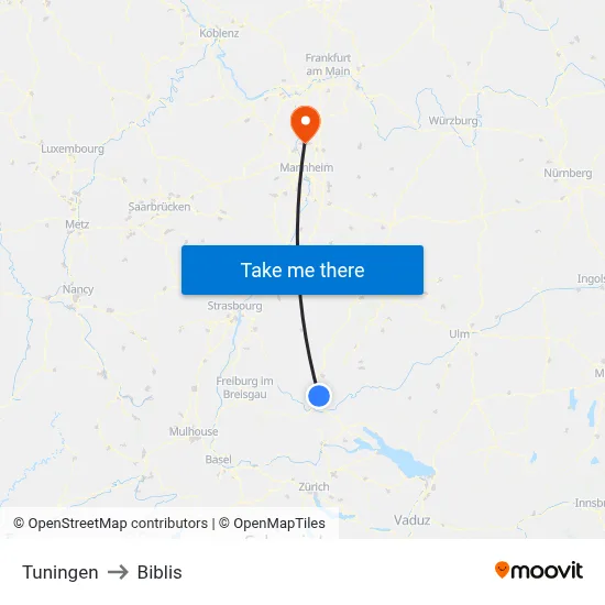 Tuningen to Biblis map