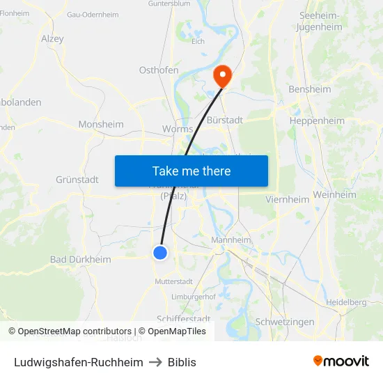 Ludwigshafen-Ruchheim to Biblis map