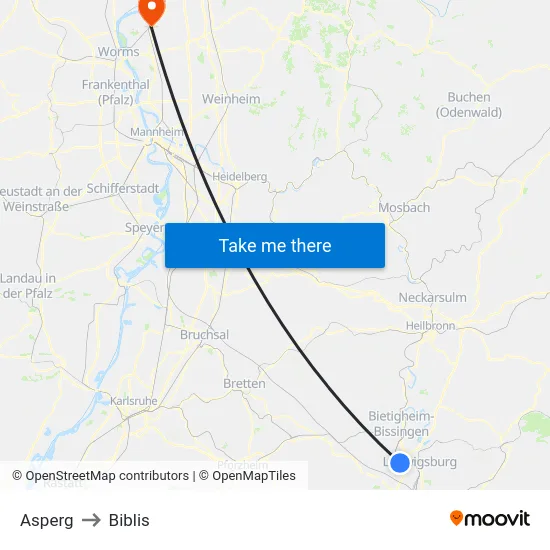 Asperg to Biblis map