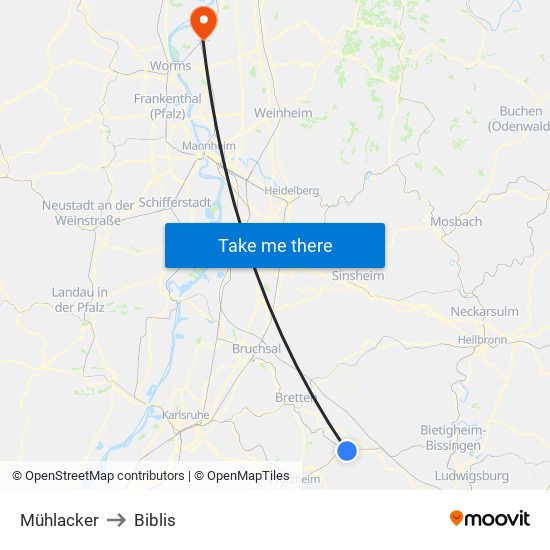Mühlacker to Biblis map