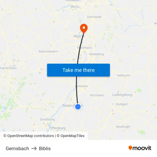 Gernsbach to Biblis map