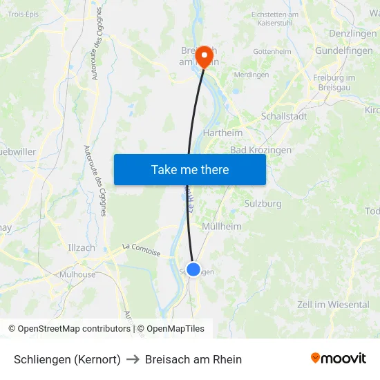 Schliengen (Kernort) to Breisach am Rhein map
