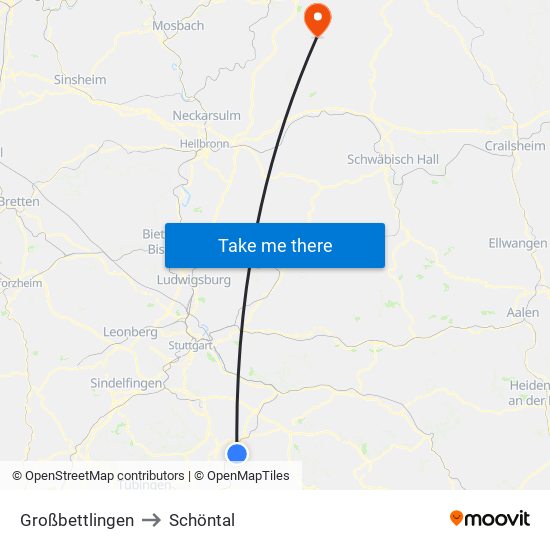 Großbettlingen to Schöntal map