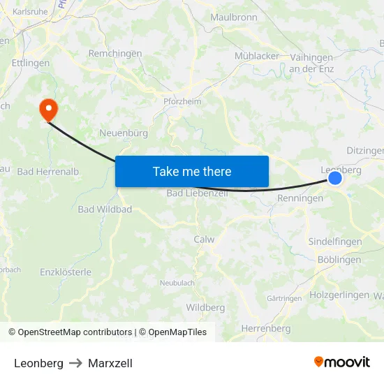 Leonberg to Marxzell map