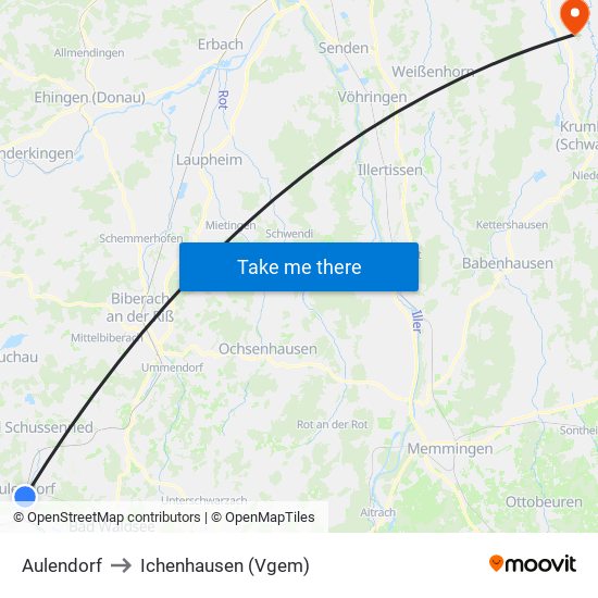 Aulendorf to Ichenhausen (Vgem) map