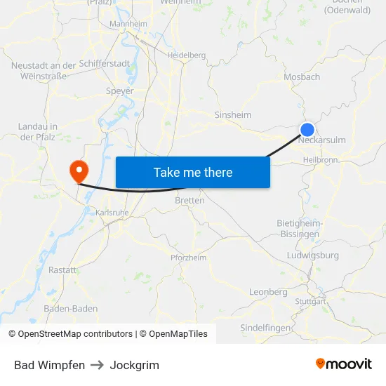 Bad Wimpfen to Jockgrim map