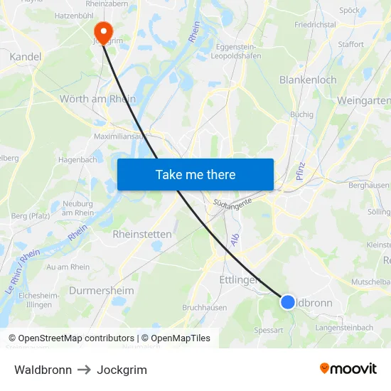 Waldbronn to Jockgrim map