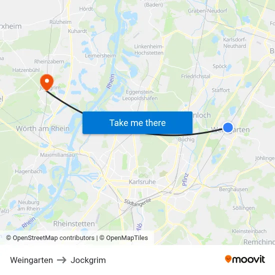 Weingarten to Jockgrim map
