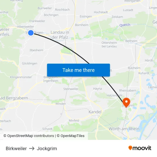 Birkweiler to Jockgrim map