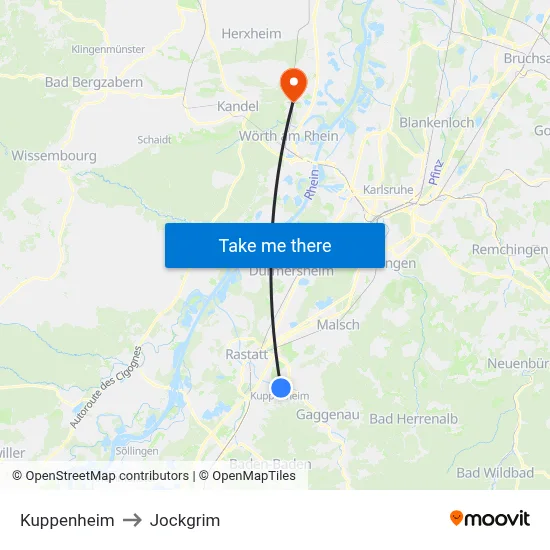 Kuppenheim to Jockgrim map