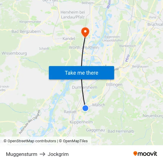 Muggensturm to Jockgrim map