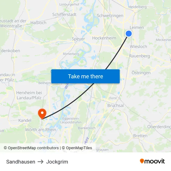 Sandhausen to Jockgrim map