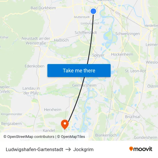 Ludwigshafen-Gartenstadt to Jockgrim map