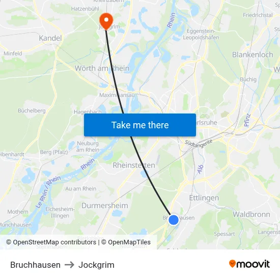 Bruchhausen to Jockgrim map