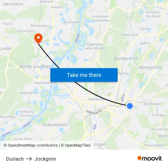 Durlach to Jockgrim map