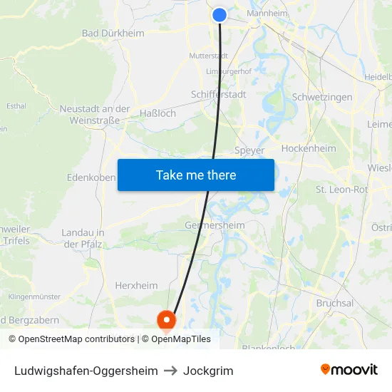 Ludwigshafen-Oggersheim to Jockgrim map
