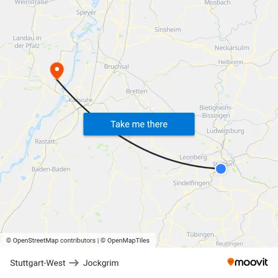 Stuttgart-West to Jockgrim map