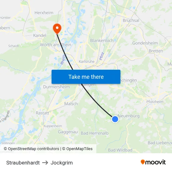 Straubenhardt to Jockgrim map