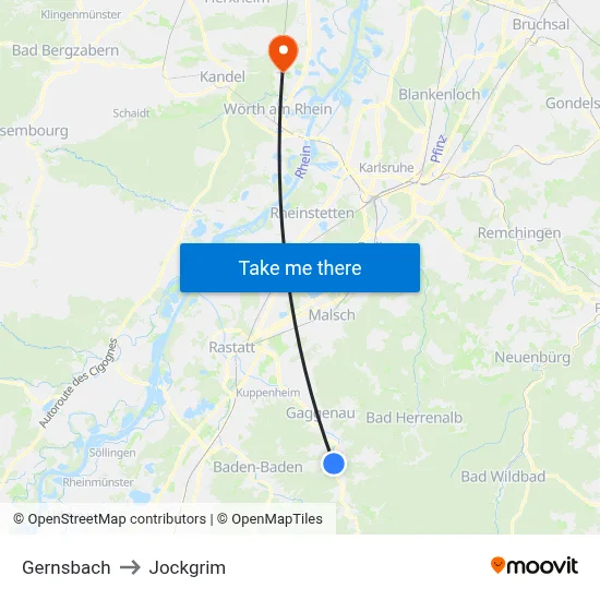 Gernsbach to Jockgrim map