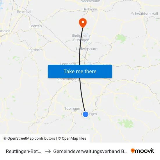Reutlingen-Betzingen to Gemeindeverwaltungsverband Bönnigheim map