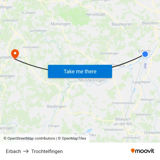 Erbach to Trochtelfingen map