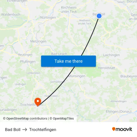 Bad Boll to Trochtelfingen map