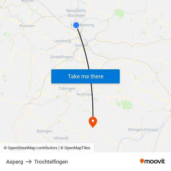 Asperg to Trochtelfingen map