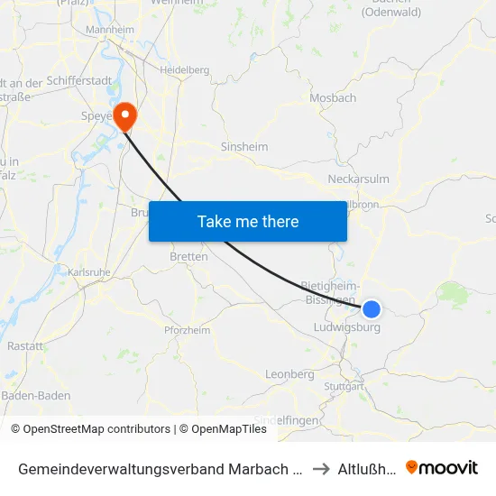 Gemeindeverwaltungsverband Marbach am Neckar to Altlußheim map
