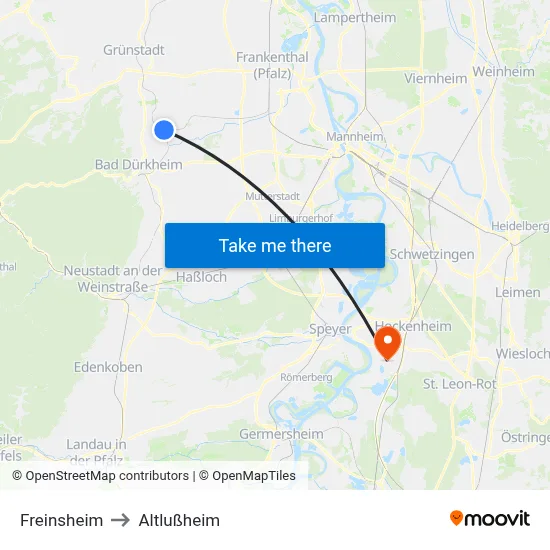 Freinsheim to Altlußheim map