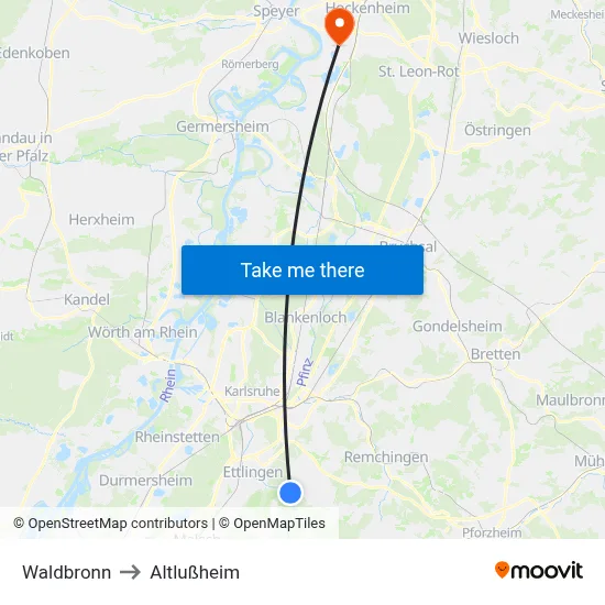 Waldbronn to Altlußheim map