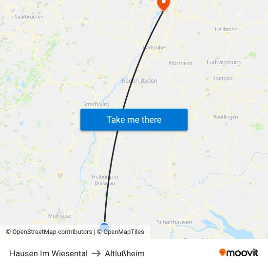 Hausen Im Wiesental to Altlußheim map
