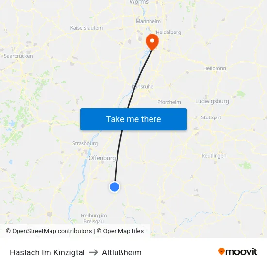 Haslach Im Kinzigtal to Altlußheim map