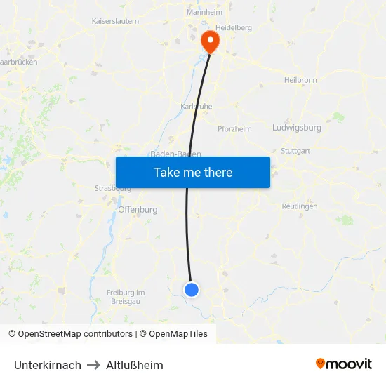 Unterkirnach to Altlußheim map