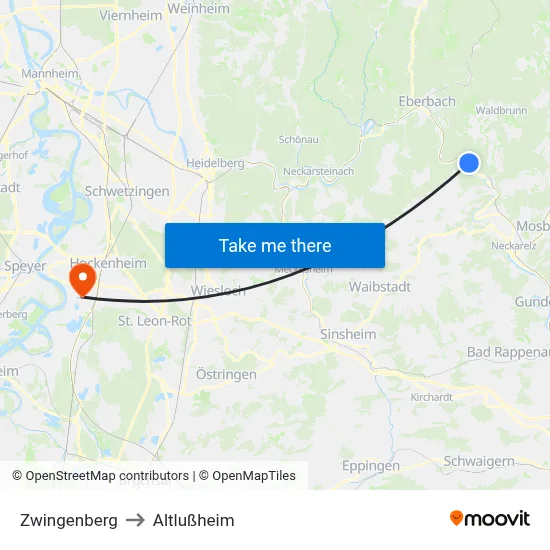 Zwingenberg to Altlußheim map