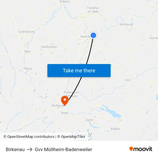 Birkenau to Gvv Müllheim-Badenweiler map