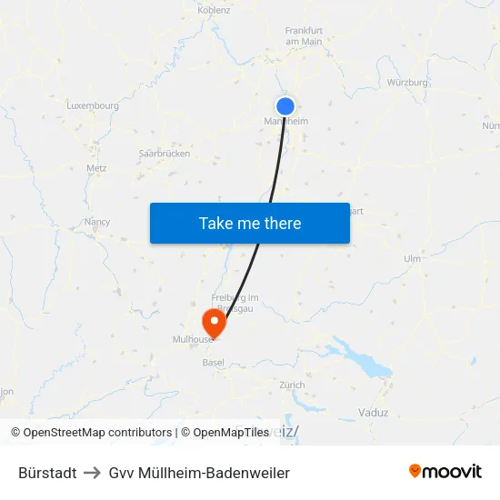 Bürstadt to Gvv Müllheim-Badenweiler map