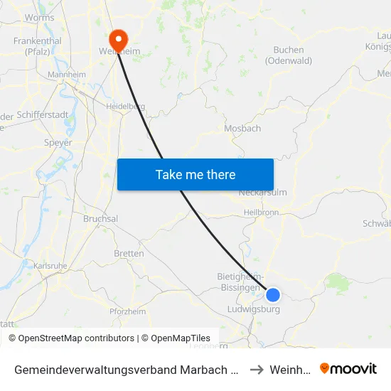 Gemeindeverwaltungsverband Marbach am Neckar to Weinheim map
