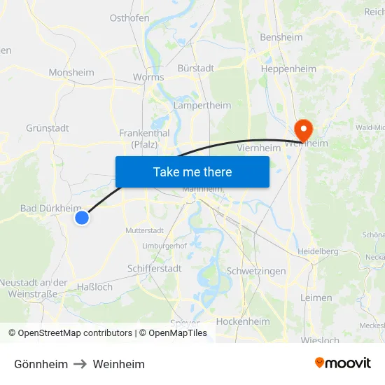 Gönnheim to Weinheim map