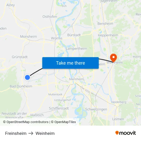 Freinsheim to Weinheim map