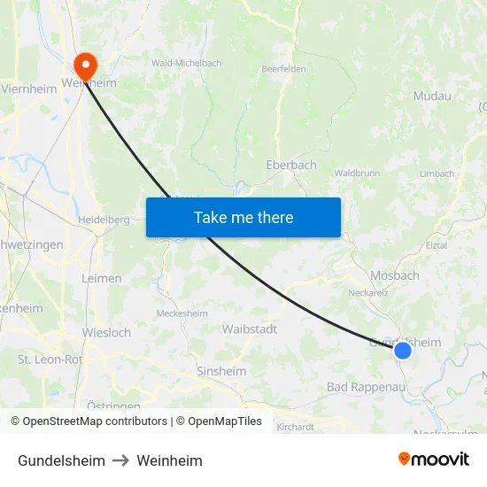 Gundelsheim to Weinheim map