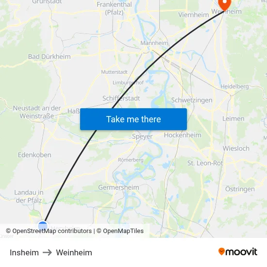 Insheim to Weinheim map