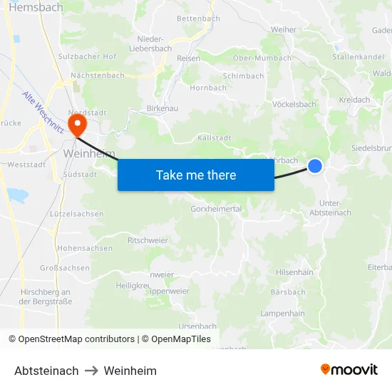 Abtsteinach to Weinheim map